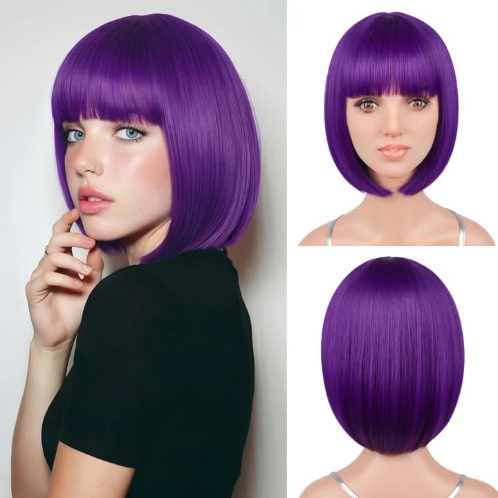 12 Inch Dark Purple Bob Wig with Bangs - Synthetic, Heat Resistant