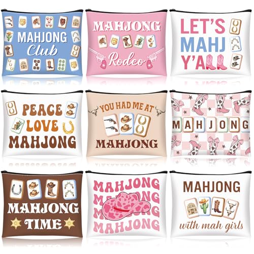 9 Pcs Mahjong Makeup Bag Set - Western Cowgirl Canvas Cosmetic Pouch