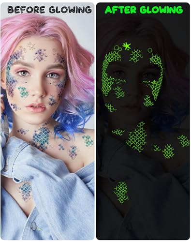 Ulmisfee Halloween 16 Sheets Luminous Mermaid Scale Temporary Tattoos – Glow in the Dark Mermaid Party Favors (Medium)
