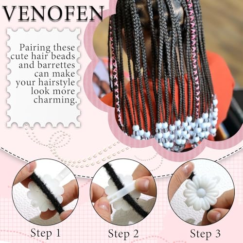 Venofen 60Pcs Black & White Braids Beads & Flower Barrettes for Hair - Dreadlock Accessories (Black & White)