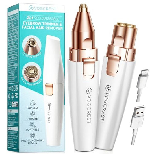 Rechargeable Eyebrow and Facial Hair Remover for Women - 2 in 1 Razor with Built-in LED Light for Painless Hair Removal