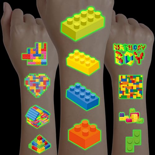 96PCS Building Block Temporary Tattoos for Kids, Glow-in-Dark Party Favors