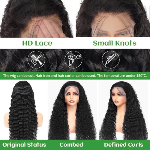 24 Inch 200 Density Deep Wave Lace Front Wigs Human Hair 13x6 HD Lace Front Wigs Human Hair Pre Plucked Brazilian Virgin Curly Human Wig Wet and Wavy Lace Frontal Wigs Natura Black Deep Wave Wig