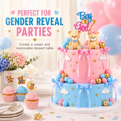 Gender Reveal Cake Decorations Kit - 36 PCS Teddy Bear Theme