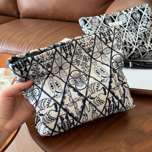 Sminra Large Makeup Bag - Vintage Cat Floral Embroidered Zipper Pouch