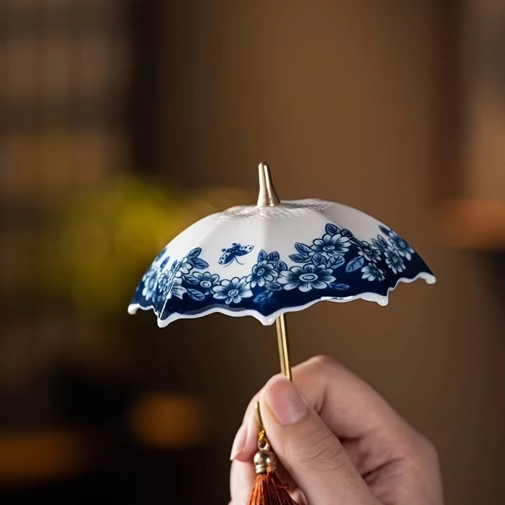 Ceramic Umbrella Tea Strainer with Tassel Chinese Traditional Style Tea Infuser, Ceremony Accessories with Tassel(Blue Flower)