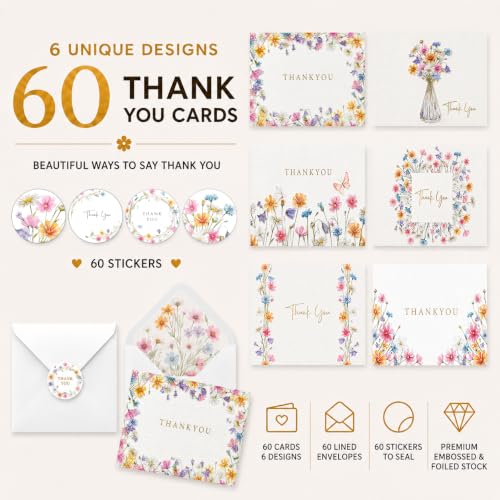 Racrico 60 Floral Thank You Cards with Envelopes - Bulk Set