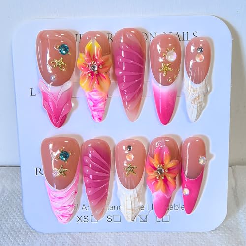 EclatNail Handmade Stiletto Press-on Nails, Pink French Tip with 3D Flowers