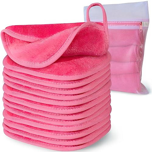 Pink Reusable Makeup Remover Cloths 12 Pack - Gentle Microfiber Facial Towels