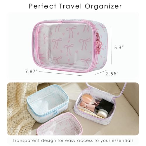RSRSLEII Pink Clear Makeup Bag with Bow Pattern - Small Travel Cosmetic Organizer
