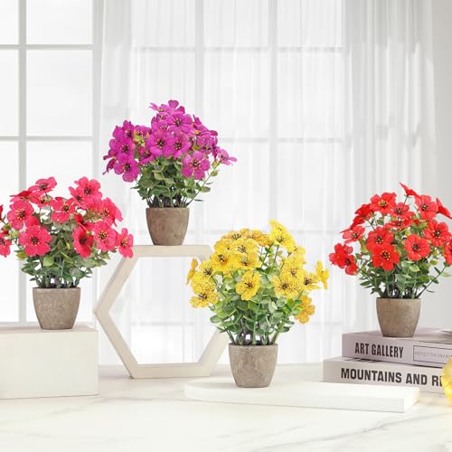 4 Pack Faux Daisy & Eucalyptus Potted Artificial Plants