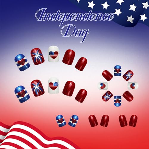 HZJXRT 4th of July American Flag Fake Nails - Short Red Glitter Press-On Manicure, 24pcs