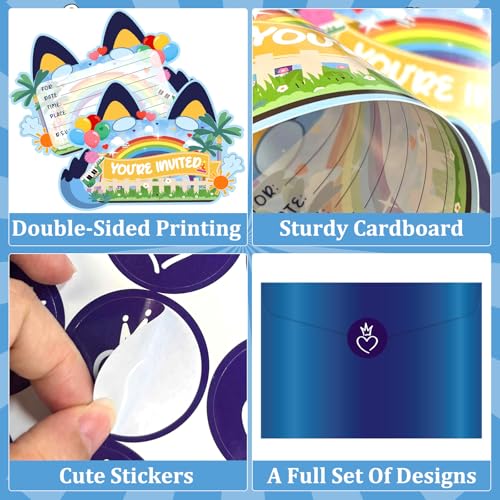 Blue Dog Birthday Invitations - 20 Cartoon Cards with Envelopes & Stickers