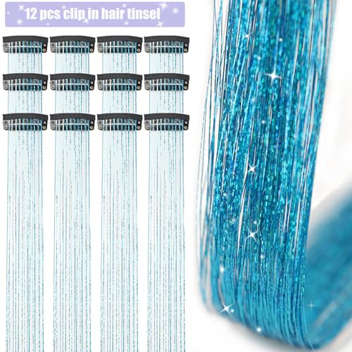 Clip-in Hair Tinsel Kit - 12 Pcs 20.5 Inch Sky Blue Extensions