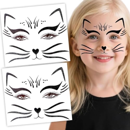 Halloween Cat Face Sticker Set with Glitter Black Cat Whiskers & Features