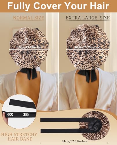 Black Leopard Large Satin Bonnet for Women - Extra Large Sleep Hair Wrap, Adjustable Tie