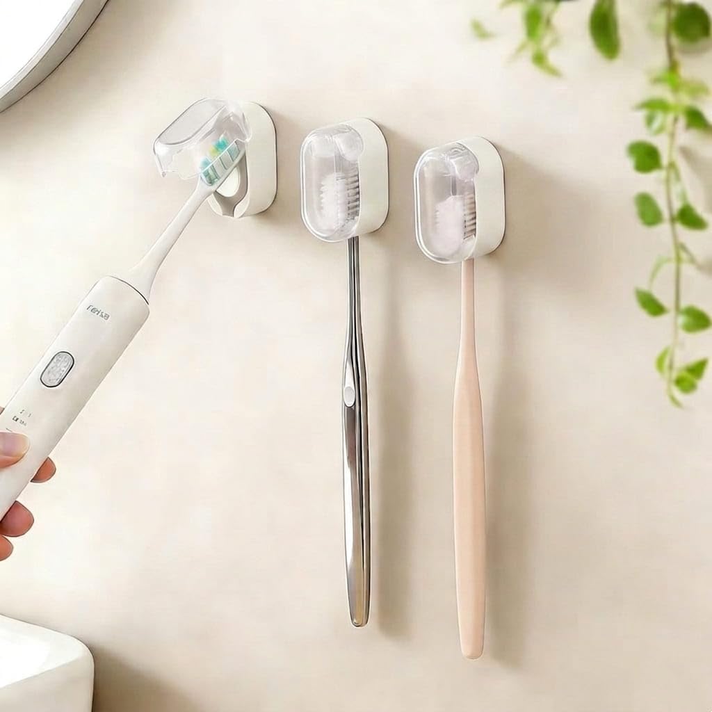 Zyfhaiz 3 PCS Wall Mounted Toothbrush Holders for Bathrooms, Electric Toothbrush Holder with Cover, Dustproof Suction Cup Shower Holder, Single Storage Case for Family & Travel (White 3pcs)