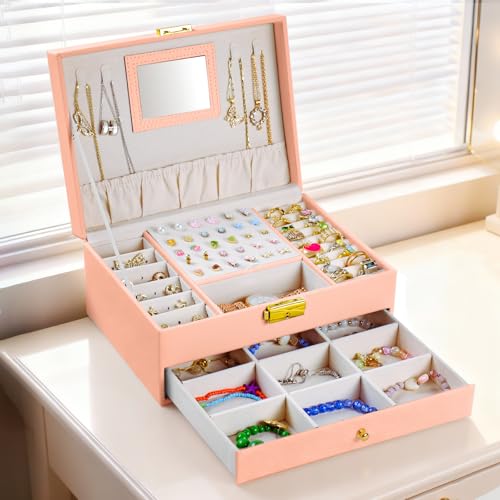 Coobest 2-Layer Velvet Jewelry Organizer Box for Travel - White & Pink
