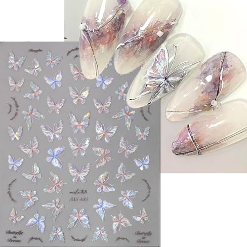 Dornail 3D Aurora Shell Butterfly Nail Stickers - Pink Laser Nail Art Decals for Manicure & DIY Nails