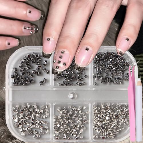 Square Spike Nail Charms Set - Black & Silver 3D Mini Studs with Pickup Pen & Tweezers (Variation: Square Spike - Silver&Black) HYWWPFLAY