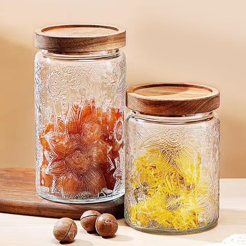 Vintage Glass Storage Jars with Wooden Lids - 24 oz Airtight Containers