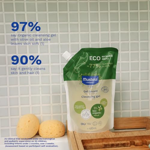 Mustela Eco-Refill Organic Cleansing Gel - Fragrance-Free Hair & Body Wash for All Ages - 13.52 fl. oz.