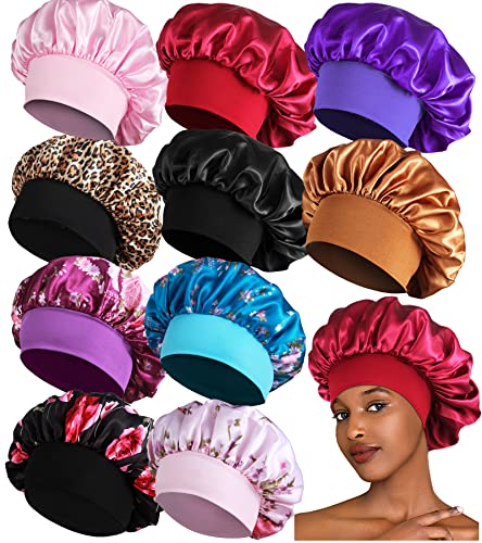 Heniho 10-Pack Large Satin Sleep Bonnets for Braids with Wide Band