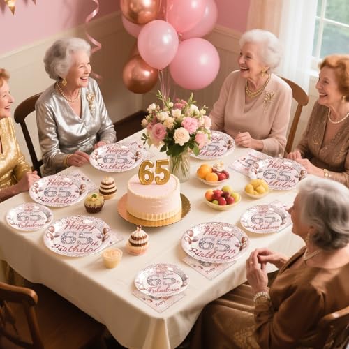 Rose Gold 65th Birthday Party Supplies Set for 24 Guests