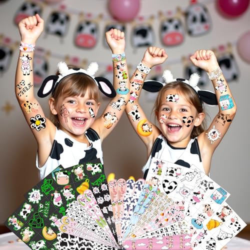 Cow Party Favors Set with 72 Temporary Tattoos & 24 Slap Bracelets for Kids, Farm Birthday & Classroom Rewards – Cow Variation