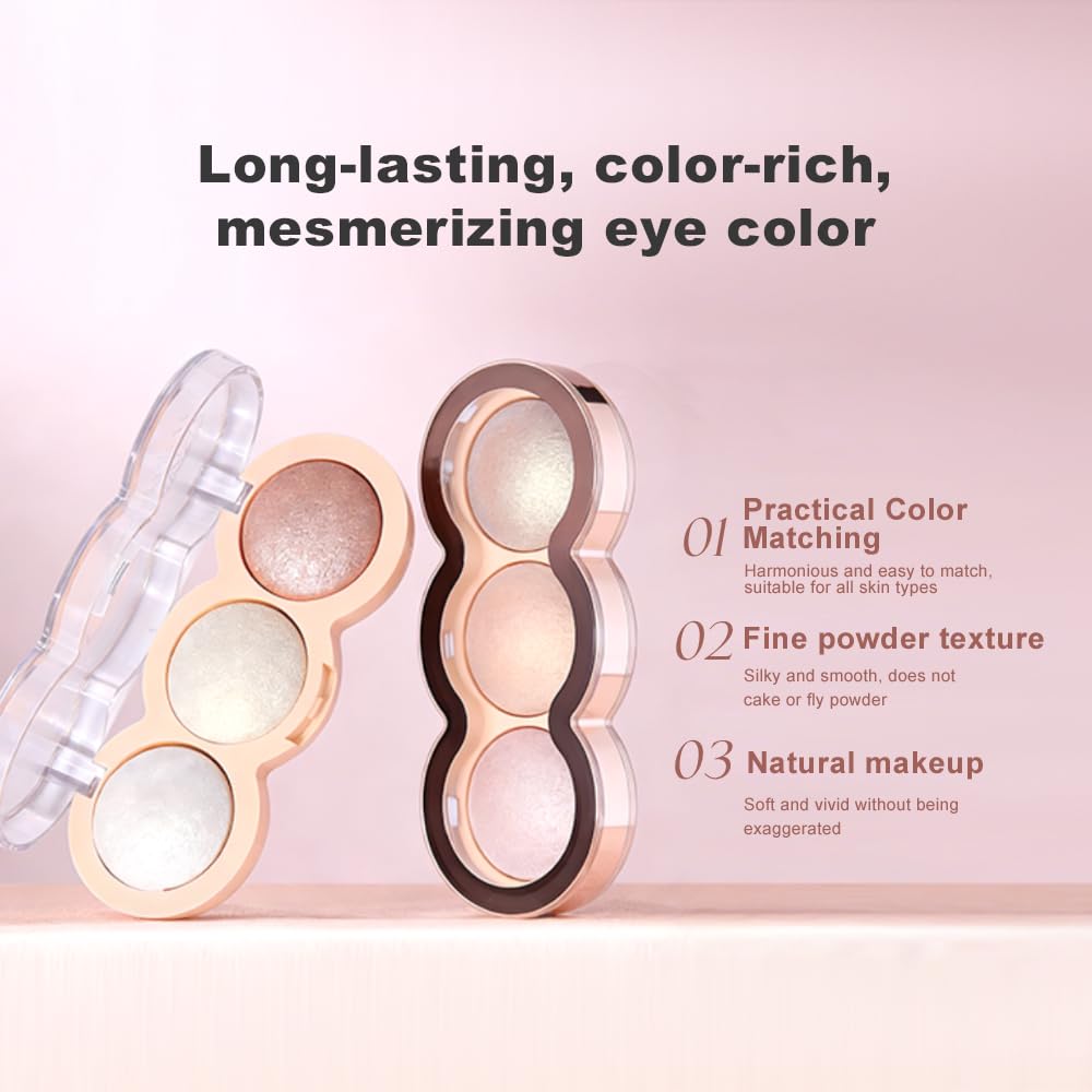 Baked Face Trio Palette, Highlighter Blush Contour &Eyeshadow All in One, Silky Smooth Blendable Powder, Natural Low Saturation Shades, Color Rich Waterproof Long-Lasting Makeup Palette for Daily-B03