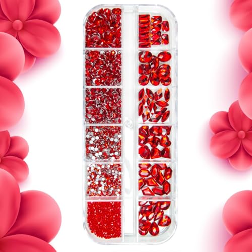 2052Pcs Ruby Red Nail Art Rhinestones with Tools - K9 Glass Gems