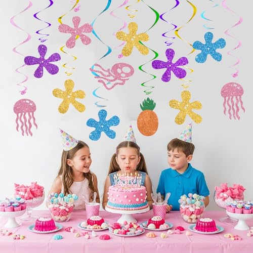 BEISHIDA 15Pcs Ocean Theme Hanging Decorations - Pre-Strung Jellyfish & Coral Flowers for Parties