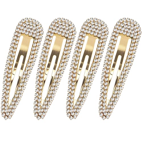 Hinzic 4Pcs Water Drop Rhinestone Snap Hair Clips Gold - No Slip Barrettes for Women & Girls