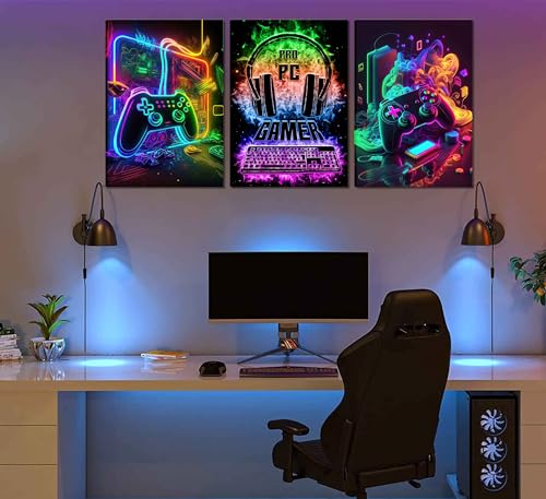 Gaming Wall Art - 3Pcs Colorful Neon Gamepad Canvas Prints 12x16in