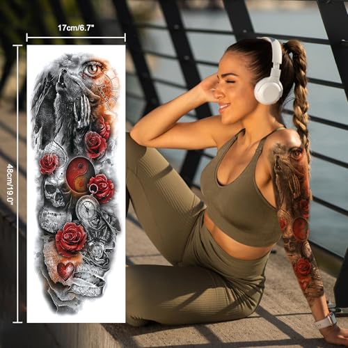 Full Arm Temporary Tattoo Sheets - Pattern A - 12 Pack Waterproof Fake Tattoos