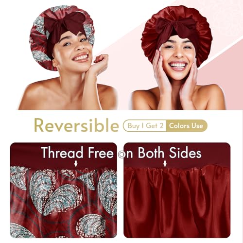 Medium Burgundy Reversible Double Layer Satin Sleep Bonnet for Curly Hair - BONNET QUEEN