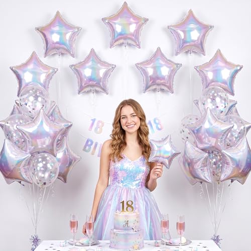 Iridescent Star Balloons - 18-Inch Foil Pack of 10 for Parties