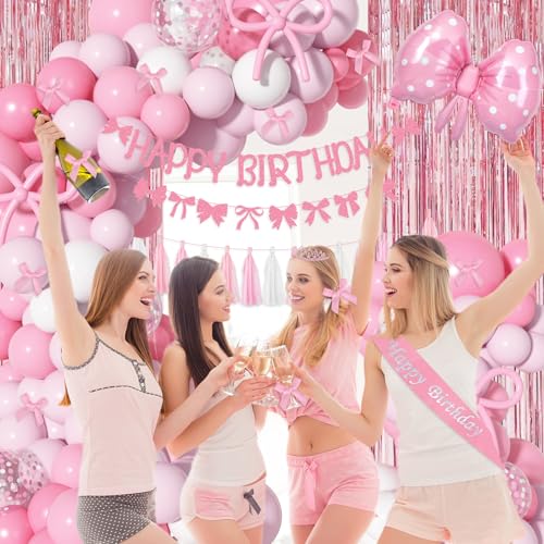 Pink Bow Birthday Decorations Set - 92pcs Party Supplies