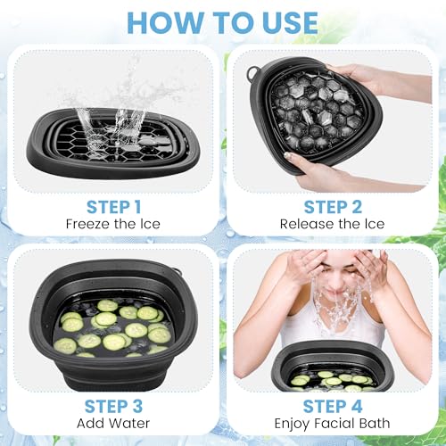 Foldspark Black Collapsible Ice Face Bowl for Cold Water Therapy, Portable Silicone Facial Tub