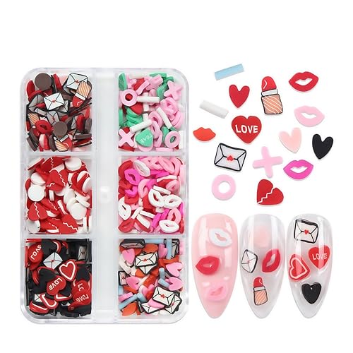Valentine Nail Art Charms Set with Heart Lips Envelopes for DIY Manicure