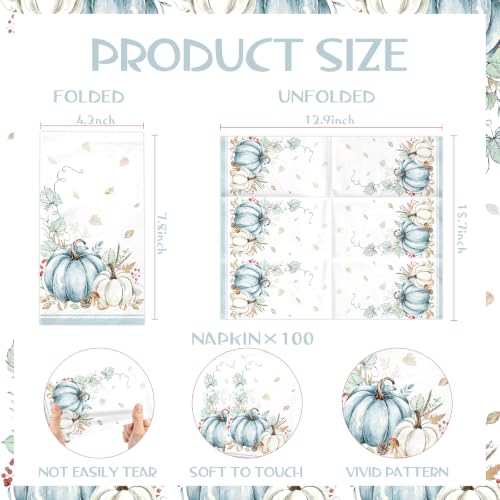 Fall Paper Guest Napkins - 100 Pack Blue Pumpkin Design for Thanksgiving