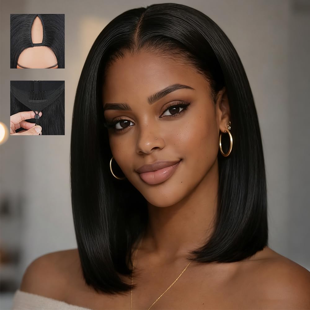 V Part Bob Wigs - 250% Density Brazilian Straight Human Hair for Black Women | 10-Inch Glueless Clip-In Half Wig