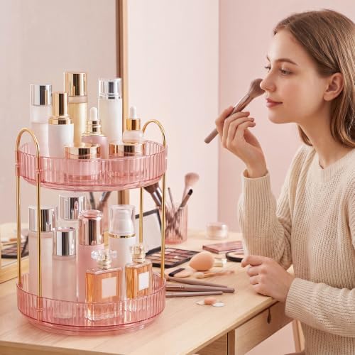 Delnor Pink Rotating Makeup Organizer Countertop 2-Tier Lazy Susan Stand