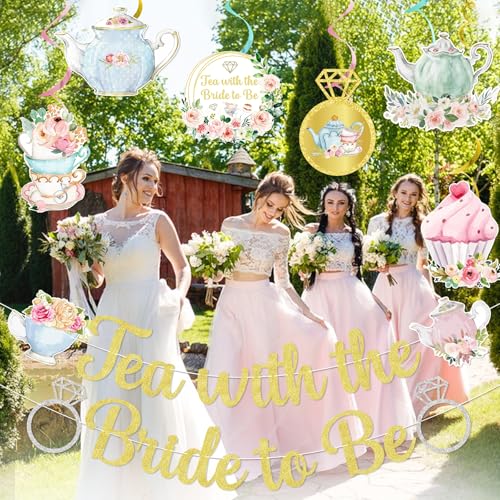 Gold Glitter Tea with the Bride to Be Banner & Swirls Set