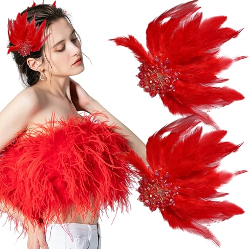 Red Feather Hair Clips - 2 Pcs Ballet Style Crystal Flower Barrettes
