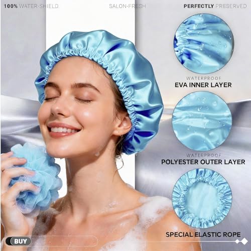 Reusable Waterproof Shower Caps for Women - 2 Pack, Double Layer