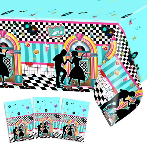 50s Theme Tablecloths - 3 Pack Plastic Table Covers for Parties