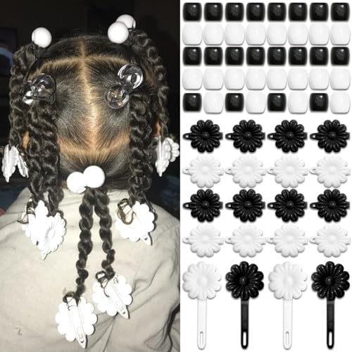Venofen 60Pcs Black & White Braids Beads & Flower Barrettes for Hair - Dreadlock Accessories (Black & White)