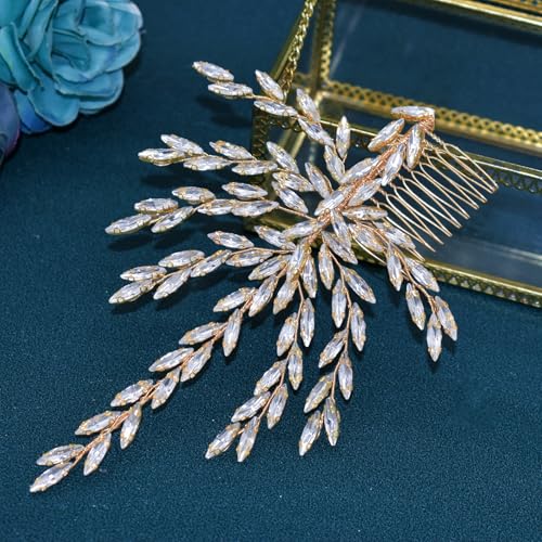 WONRLUA Handmade Gold Rhinestone Bridal Hair Piece with Comb