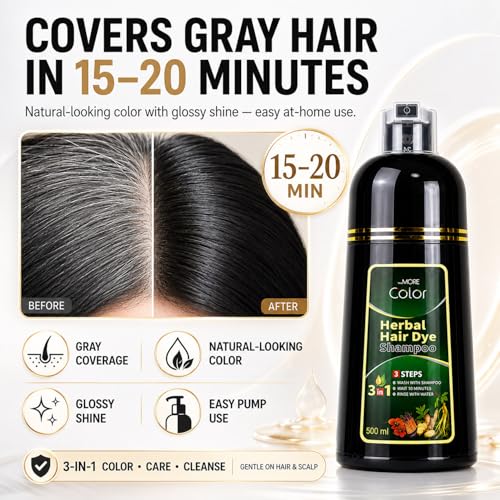 3-in-1 Hair Dye Shampoo - Black Color & Shine 16.9 oz | Herbal Formula for Gray Coverage